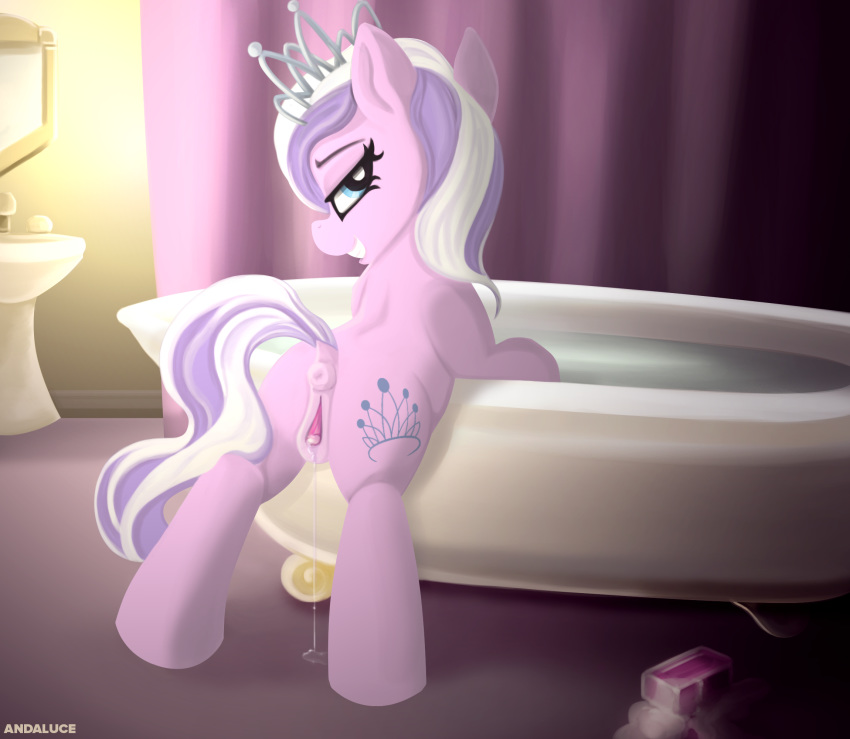 andaluce anus bathroom bathtub bodily_fluids crown cutie_mark diamond_tiara_(mlp) earth_pony equid equine female feral friendship_is_magic genital_fluids genitals hi_res horse mammal my_little_pony nude pony pussy pussy_juice sink soap solo tiara