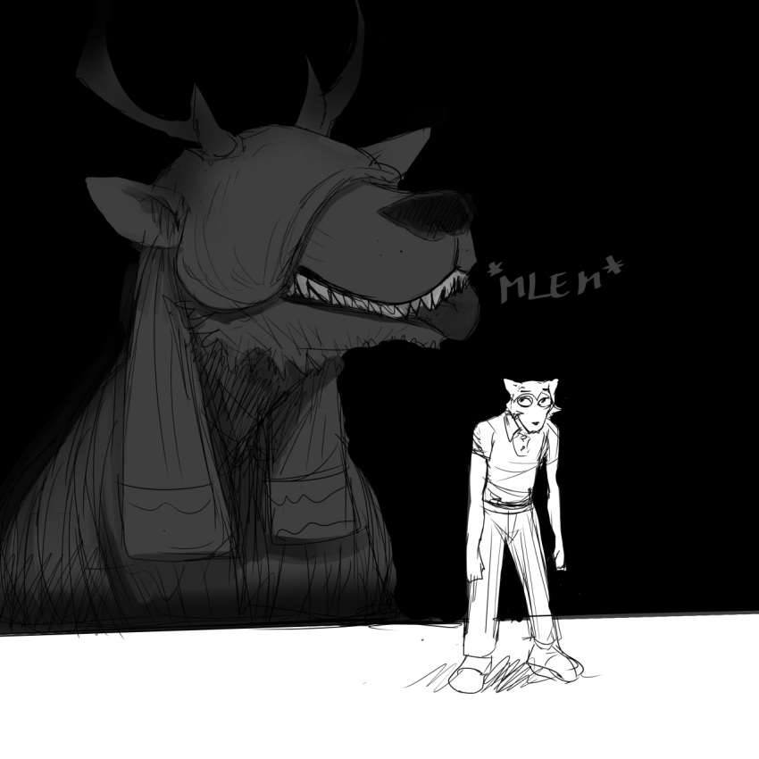 1:1 anthro antlers beast_(bloodborne) beastars black_background blep blindfold bloodborne canid canine canis comic duo female fromsoftware hi_res hladilnik horn legoshi_(beastars) looking_up male mammal sharp_teeth simple_background sketch sony_corporation sony_interactive_entertainment teeth tongue tongue_out vicar_amelia video_games wolf