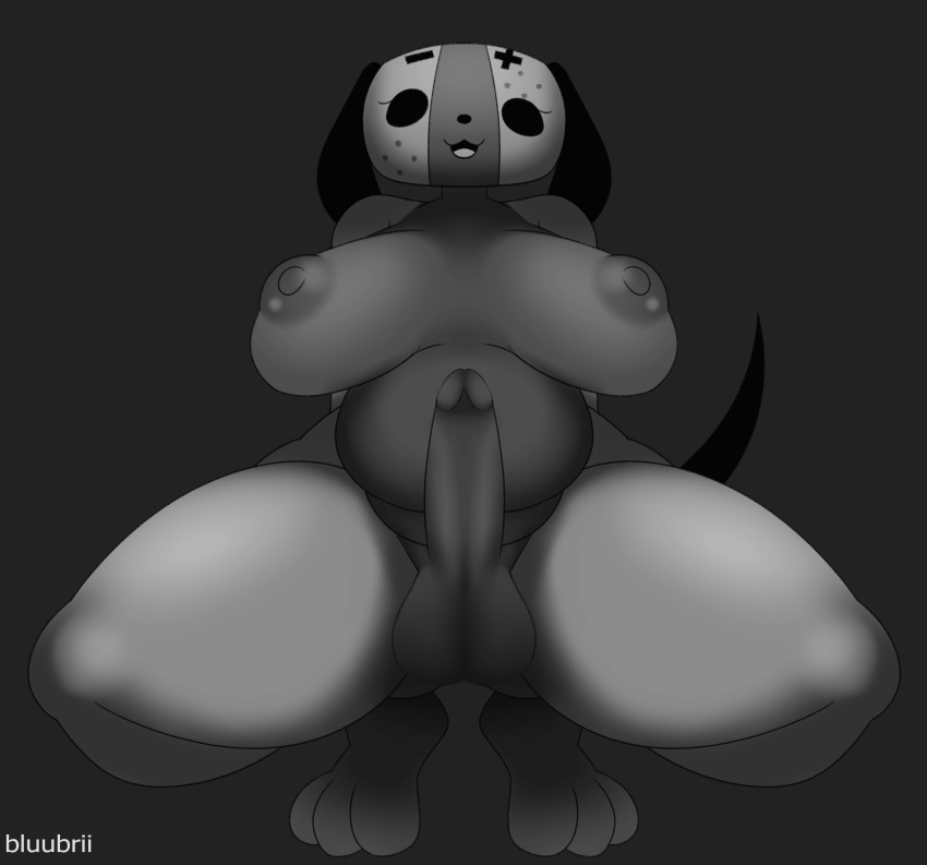 absurd_res animate_inanimate anthro balls big_breasts black_background bluubrii breasts butt canid crouching erection genitals hands_behind_back hi_res intersex looking_at_viewer mammal nintendo nintendo_switch nipples nude open_mouth penis simple_background smile solo switch_dog thick_thighs tongue video_games wide_hips