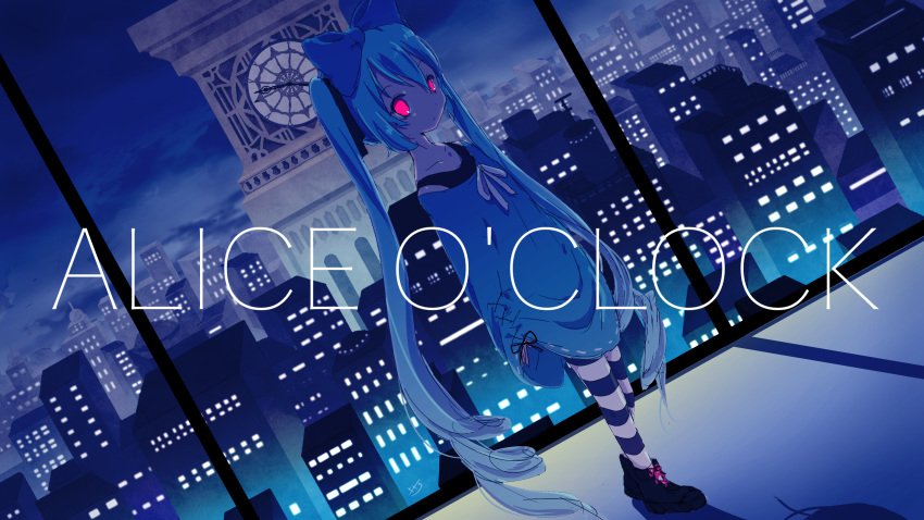 1girl aqua_hair backlighting blue_bow blue_dress bow building cityscape clock clock_tower collarbone commentary dress expressionless glowing glowing_eyes hair_bow hatsune_miku highres kisalaundry long_hair looking_at_viewer night red_eyes ribbon scenery shoes song_name striped striped_legwear thighhighs tower twintails very_long_hair vocaloid wide_shot