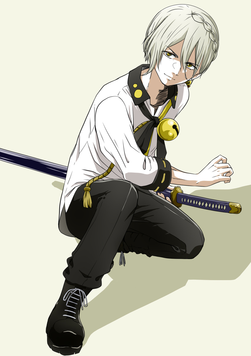 1boy bell black_footwear black_pants boots braid commentary hair_bell hair_ornament highres iori_yuzuru katana long_sleeves male_focus neck_bell neckerchief no10 pants shadow sheath shirt smile squatting sword unsheathing v-shaped_eyebrows voiceroid weapon white_hair white_shirt yellow_eyes