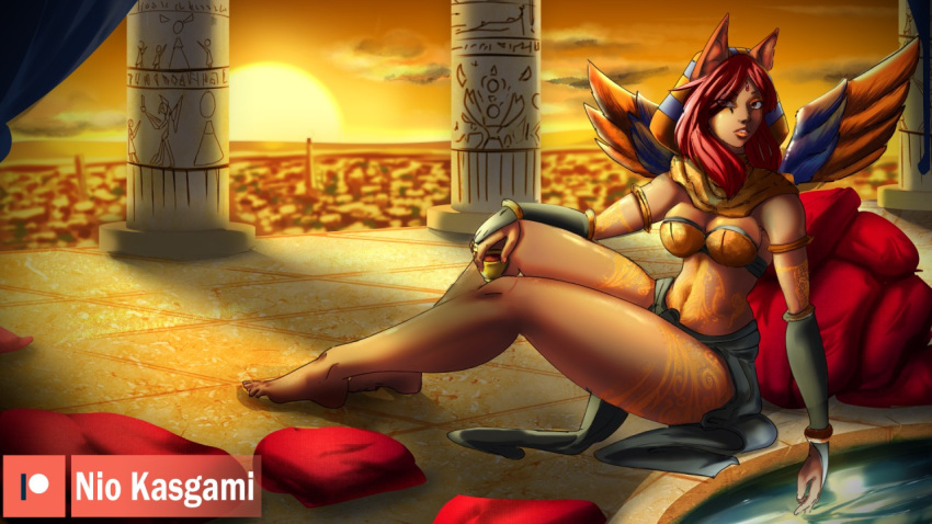 2019 animal_humanoid breasts cloud detailed_background egyptian female hair hieroglyphics humanoid navel nio_kasgami outside pillow red_hair sitting solo sunset tattoo thick_thighs water wings