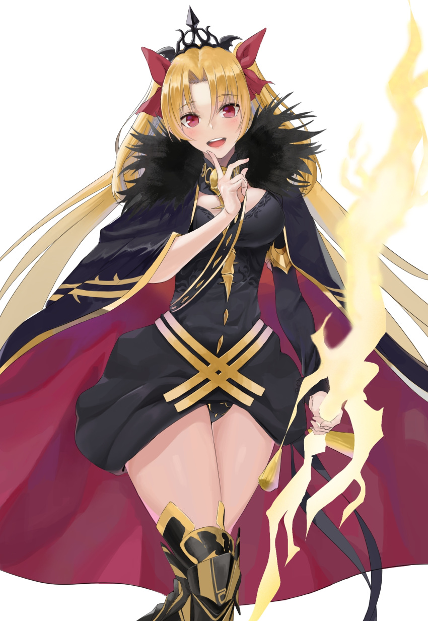 1girl armor asymmetrical_legwear asymmetrical_sleeves bangs between_breasts black_cape black_legwear black_leotard blonde_hair blush bow breasts cape detached_collar earrings ereshkigal_(fate/grand_order) eyebrows_visible_through_hair fate/grand_order fate_(series) fur-trimmed_cape fur_trim gold_trim hair_bow hair_ribbon highres hoop_earrings index_finger_raised infinity jewelry large_breasts leotard lightning_bolt long_hair long_sleeves looking_at_viewer meslamtaea_(weapon) morin24115 multicolored multicolored_cape multicolored_clothes necklace open_mouth parted_bangs red_bow red_cape red_eyes red_ribbon ribbon simple_background single_sleeve single_thighhigh skull smile solo spine thighhighs thighs tiara two_side_up upper_teeth very_long_hair white_background