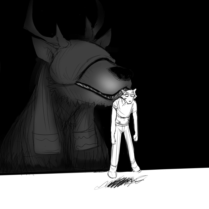 1:1 anthro antlers beast_(bloodborne) beastars black_background blindfold bloodborne canid canine canis comic duo female fromsoftware hi_res hladilnik horn in_mouth legoshi_(beastars) looking_down male mammal sharp_teeth simple_background sony_corporation sony_interactive_entertainment teeth vicar_amelia video_games wolf