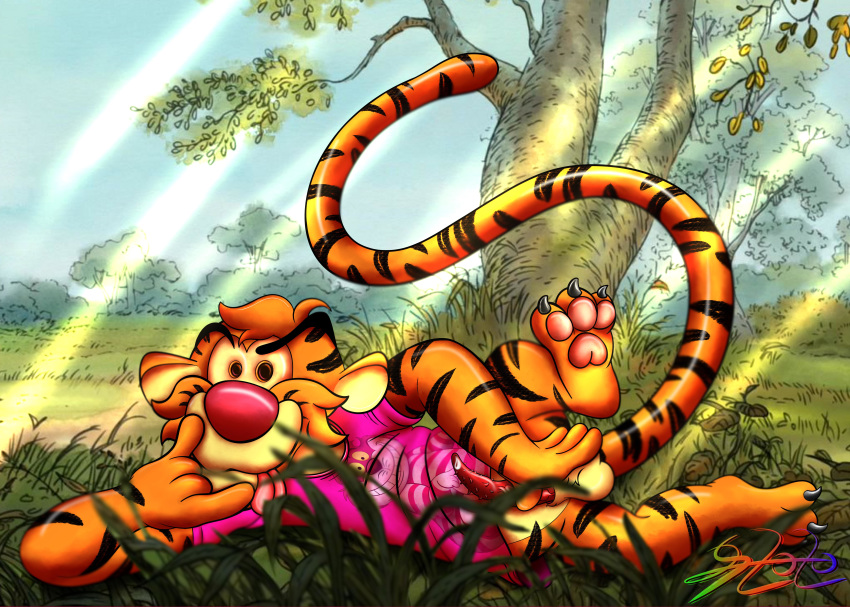 absurd_res anthro bottomless clothed clothing disney felid hi_res lobofeo male mammal pantherine solo tiger tigger winnie_the_pooh_(franchise)