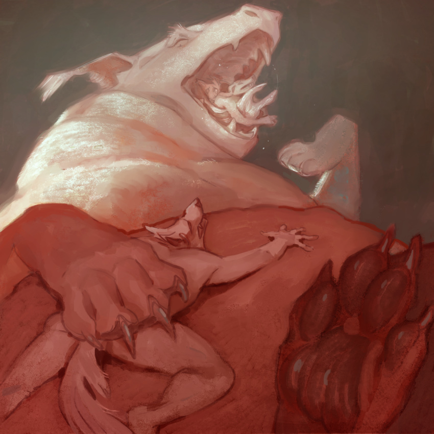 abdominal_bulge ambiguous_gender anthro copperas distressed emotionally_torn feral group hi_res macro male micro mouth_shot open_mouth oral_vore pawpads paws pinned sadism teasing torture vore