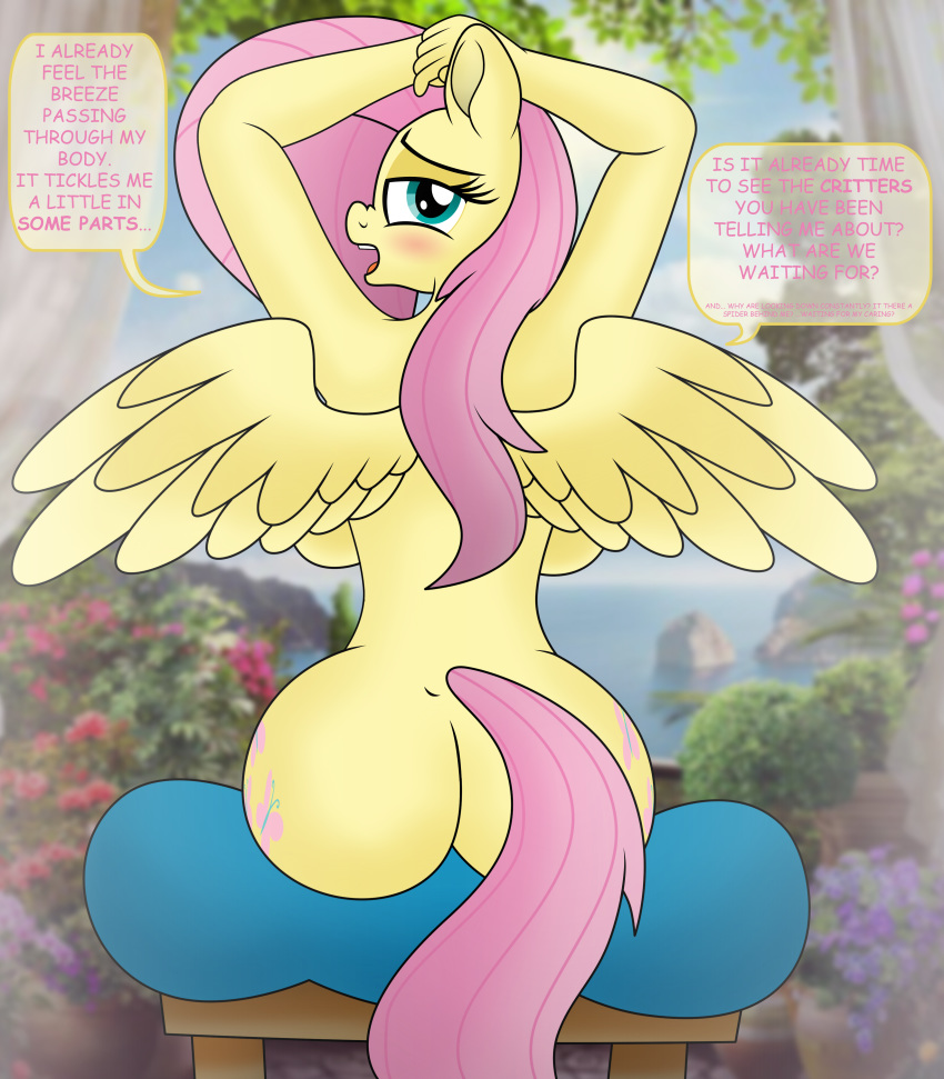 absurd_res blush butt casual_nudity cutie_mark dialogue equid equine female fluttershy_(mlp) friendship_is_magic hi_res mammal my_little_pony nude pananovich pterippus solo wings