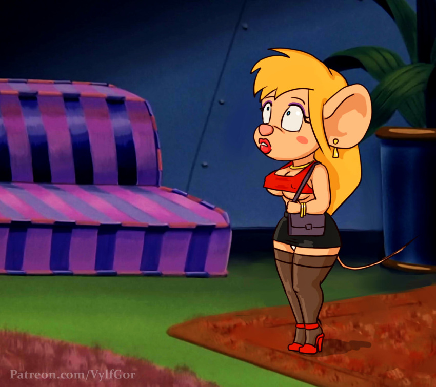 anthro big_breasts biped blonde_hair breasts chip_'n_dale_rescue_rangers clothed clothing digital_media_(artwork) disney female full-length_portrait gadget_hackwrench hair hi_res mammal mouse murid murine nipple_outline portrait prostitution rodent solo standing teeth text url vylfgor