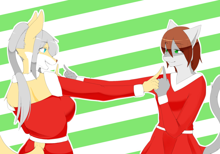 2016 anthro breasts canid canine clothing denyfake domestic_cat duo eye_contact felid feline felis female fur green_eyes grey_body grey_ears grey_fur grey_hair grey_tail hair hi_res looking_at_another mammal monotone_tail multicolored_clothing red_clothing two_tone_clothing white_body white_clothing white_fur