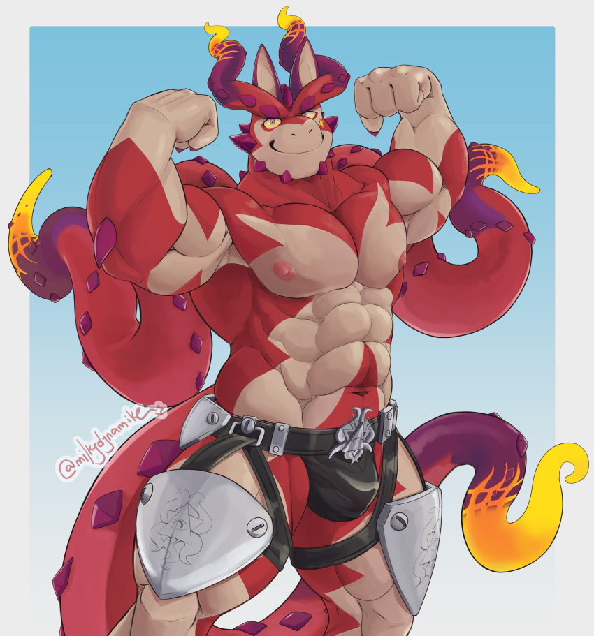 4_fingers abs absurd_res anthro armor biceps bulge claws clothed clothing cthugha_(tas) dragon fingers flexing hi_res looking_at_viewer male milkydynamike muscular muscular_male navel nipples pecs pink_nipples red_body scalie smile solo speedo spikes swimwear tentacles tokyo_afterschool_summoners topless unconvincing_armor video_games