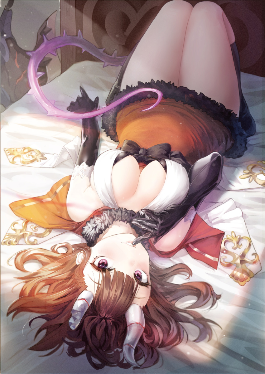 1girl absurdres bangs bed_sheet black_gloves blunt_bangs breasts broken_horn brown_hair cleavage elbow_gloves finger_to_mouth fur_trim gloves highres horns huge_filesize kuraishi_eriko large_breasts looking_at_viewer lying mochirong on_back on_bed pink_eyes princess_connect! princess_connect!_re:dive short_hair solo tail thighs upside-down