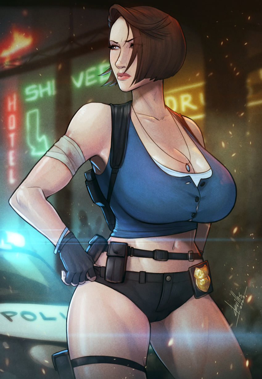 1girl absurdres bandaged_arm bandages bangs bare_shoulders belt black_shorts blue_tank_top breasts brown_hair car cleavage closed_mouth collarbone devilhs fingerless_gloves gloves ground_vehicle hand_on_hip highres holster jewelry jill_valentine large_breasts looking_to_the_side midriff motor_vehicle navel necklace outdoors police_badge police_car resident_evil short_shorts shorts sign standing swept_bangs thigh_holster thighs utility_belt