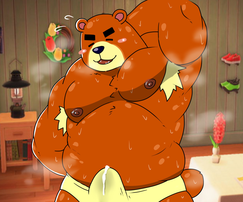 2020 absurd_res animal_crossing anthro armpit_hair blush bodily_fluids body_hair brown_body brown_fur clothing cum erection erection_under_clothing fur gantogan1216 genital_fluids hi_res kemono male mammal moobs nintendo nipples overweight overweight_male solo sweat teddy_(animal_crossing) underwear ursid video_games