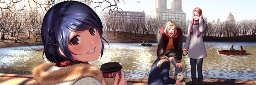2boys 2girls :d bad_link bangs bench bent_over black_hair black_jacket blonde_hair blue_hair blush bob_cut boots braid brown_eyes brown_footwear building cable_knit character_request closed_eyes coat coffee_cup cup disposable_cup dog dog_walking domestic_na_kanojo drink french_braid from_behind fujii_natsuo fur-trimmed_coat fur_trim grey_legwear hair_ornament hair_strand hairclip holding holding_cup holding_drink holding_leash hood hood_down jacket leaning_forward leash looking_at_viewer looking_back matsukawa_j_alex multiple_boys multiple_girls official_art open_mouth orange_shirt pants park parted_bangs petting pink_scarf plaid plaid_scarf pond red_hair rowboat sasuga_kei scarf shirt short_hair sidewalk smile solo_focus spiked_hair tachibana_rui translated tree twitter_banner two-handed upper_body white_coat white_scarf
