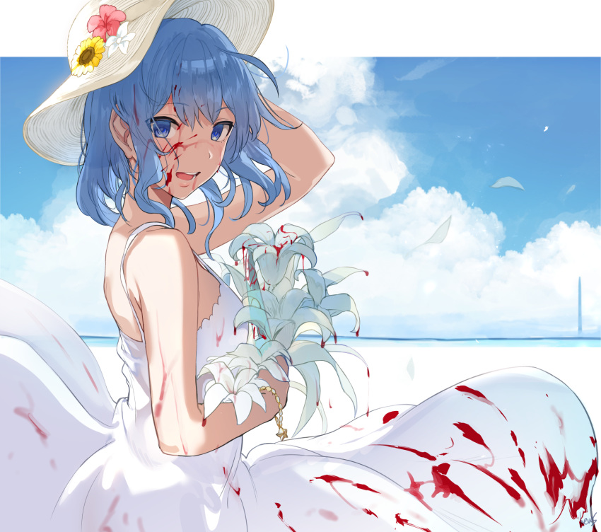 1girl blood blood_on_face bloody_clothes blue_eyes blue_hair blue_sky bouquet breasts cloud dress empty_eyes flower hat hews_hack highres hololive horizon hoshimachi_suisei sky sleeveless sleeveless_dress solo suisei_channel sun_hat sundress virtual_youtuber