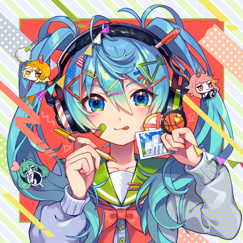 1girl :p blue_eyes blue_hair blush bow cardigan closed_mouth collarbone commentary_request diagonal_stripes fingernails green_sailor_collar grey_cardigan hair_ornament hairclip hands_up hatsune_miku headphones highres holding holding_pencil long_sleeves nou paperclip pencil red_bow sailor_collar school_uniform serafuku shirt smile solo striped striped_background tongue tongue_out twintails upper_body vocaloid white_shirt