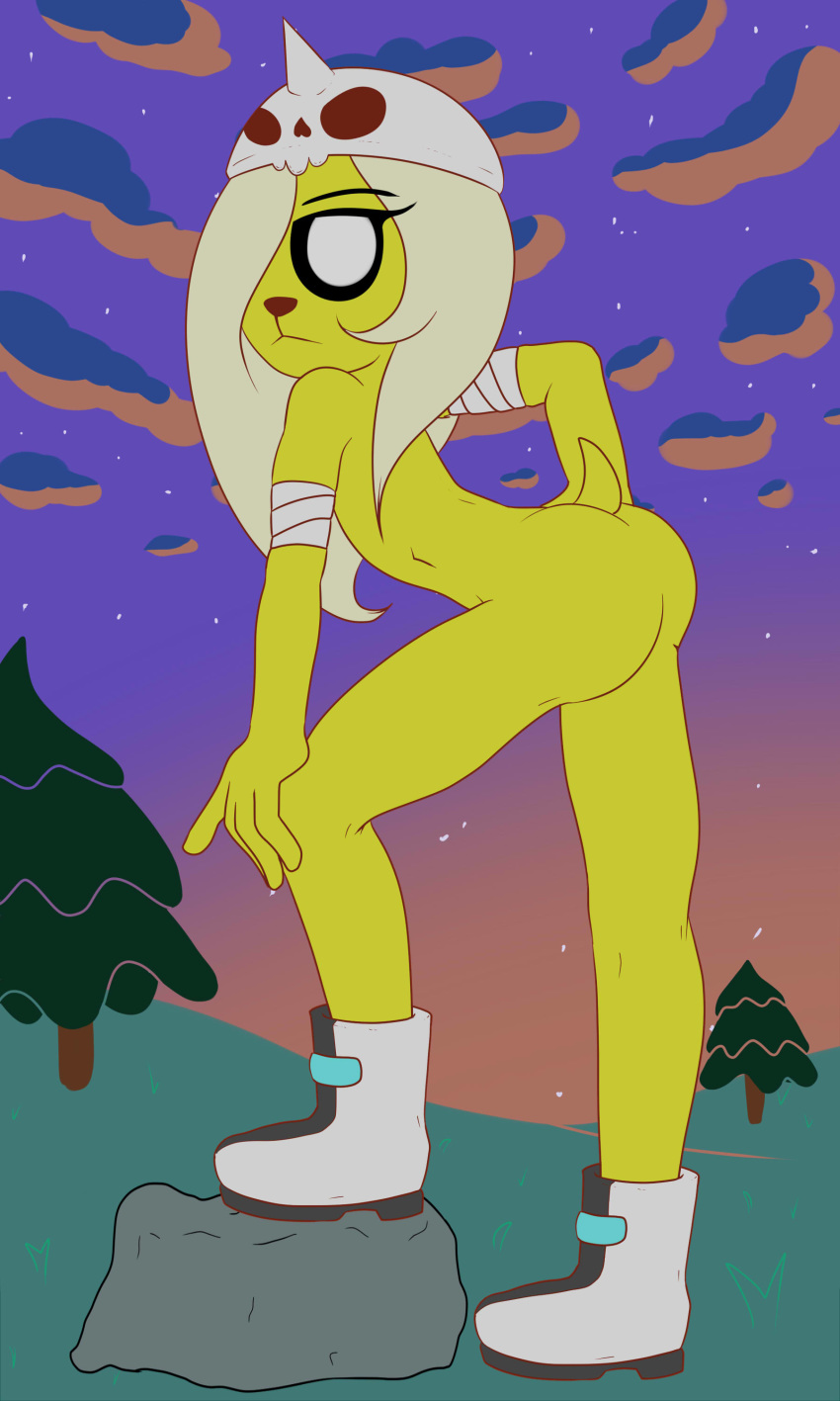 absurd_res adventure_time anthro boots bronwyn butt butt_pose canid canine canis cartoon_network clothing domestic_dog female footwear helment hi_res kamikiller mammal nude pose rock solo sports_tape tree