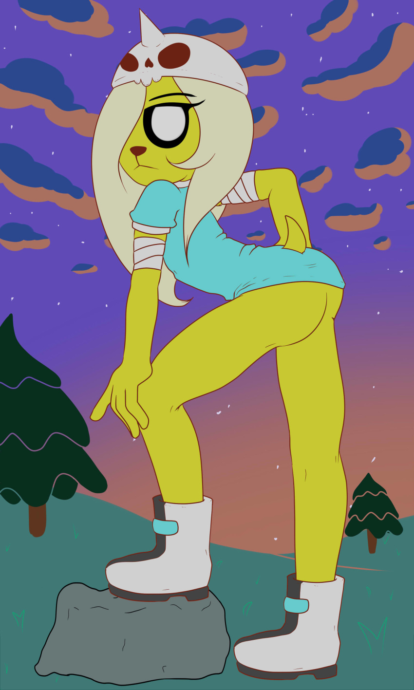 absurd_res adventure_time anthro boots bottomless bronwyn butt butt_pose canid canine canis cartoon_network clothed clothing domestic_dog female footwear helment hi_res kamikiller mammal pose rock shirt solo sports_tape topless topwear tree