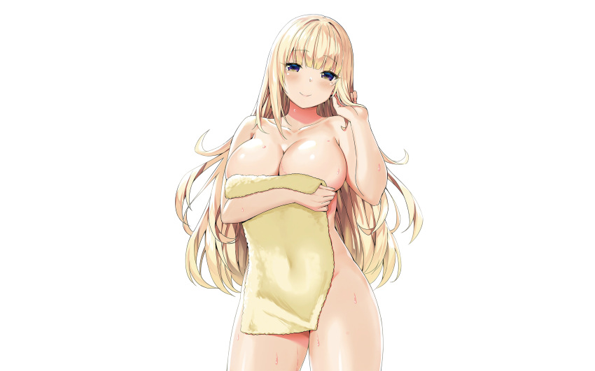 blonde_hair blush breast_hold breasts cleavage long_hair photoshop sky_(freedom) towel wet white