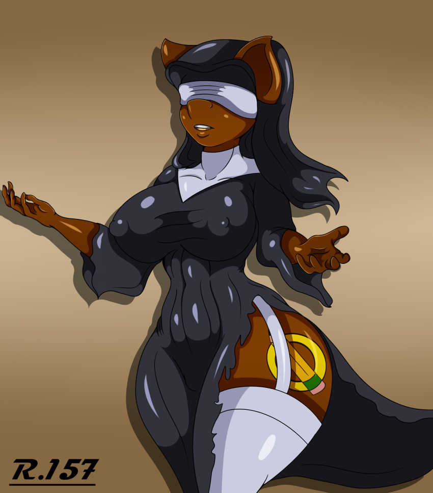absurd_res anthro big_breasts blindfold breasts clothing equid equine female garter_straps hi_res horse legwear mammal my_little_pony nipple_outline nun pony renegade-157 solo thigh_highs wide_hips