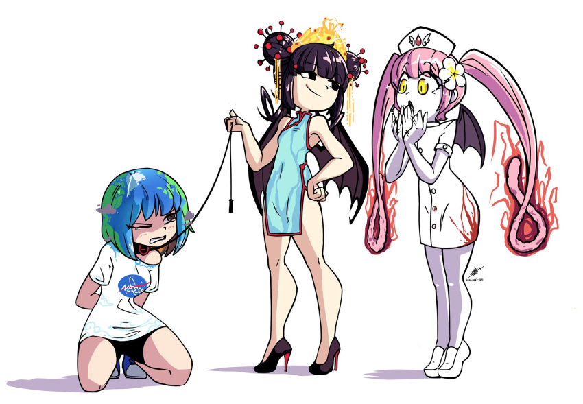 3girls afterimage bare_arms bare_legs bare_shoulders bat_wings belt_collar bike_shorts black_eyes black_hair blue_dress blue_footwear blue_hair bob_cut breasts brown_footwear chain china_dress chinese_clothes closed_mouth collar corona-chan coronavirus double_bun dress earth-chan ebola-chan eyebrows_visible_through_hair flower green_hair hair_flower hair_ornament hairpin hand_on_hip hands_up hat high_heels highres kneeling leash long_hair multicolored_hair multiple_girls nasa_logo nurse nurse_cap one_eye_closed original pale_skin pantyhose pelvic_curtain pink_hair purple_legwear shirt shoes short_dress short_hair short_sleeves signature simple_background small_breasts smile smug sneakers soundog-2031 tiptoes twintails two-tone_hair white_background white_dress white_flower white_footwear white_headwear white_shirt wings yellow_eyes