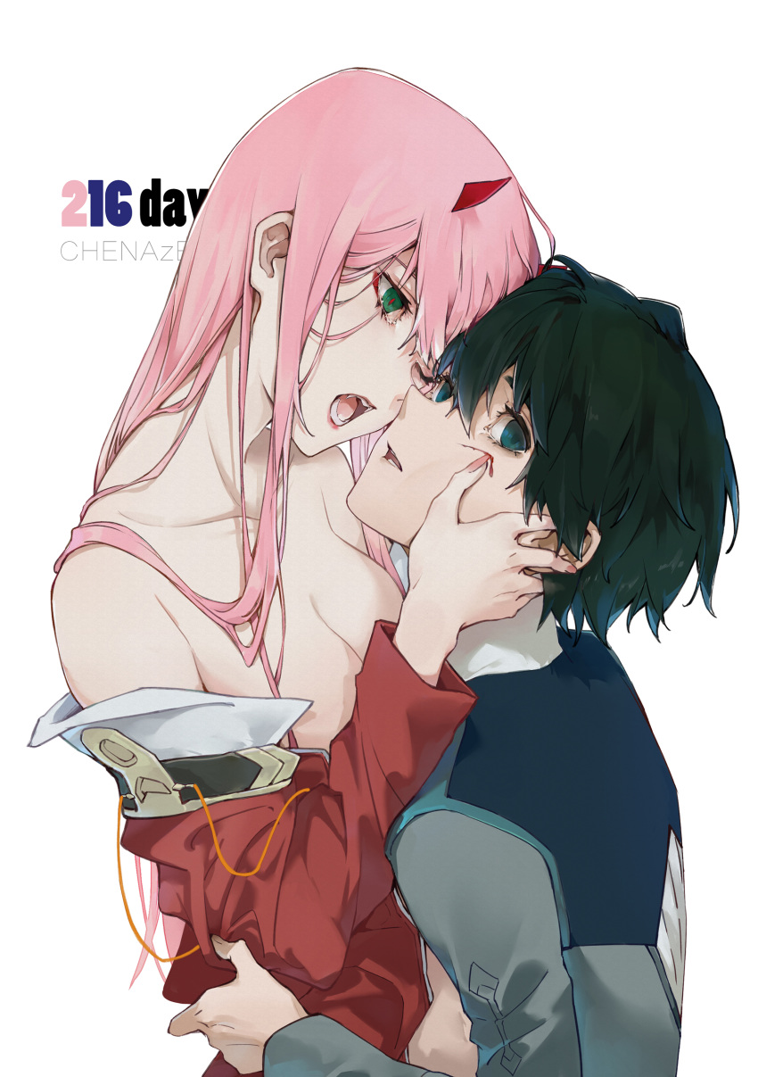 1girl absurdres artist_name bangs bare_shoulders black_hair blue_eyes breasts chenaze57 collarbone couple darling_in_the_franxx from_side green_eyes grey_jacket hair_between_eyes hand_on_another's_arm hand_on_another's_cheek hand_on_another's_face hetero highres hiro_(darling_in_the_franxx) holding hug jacket lips long_hair long_sleeves looking_at_another looking_at_viewer military military_uniform nail_polish off_shoulder one_eye_closed oni_horns open_mouth parted_lips pink_nails red_horns red_jacket simple_background teeth uniform upper_body white_background zero_two_(darling_in_the_franxx)