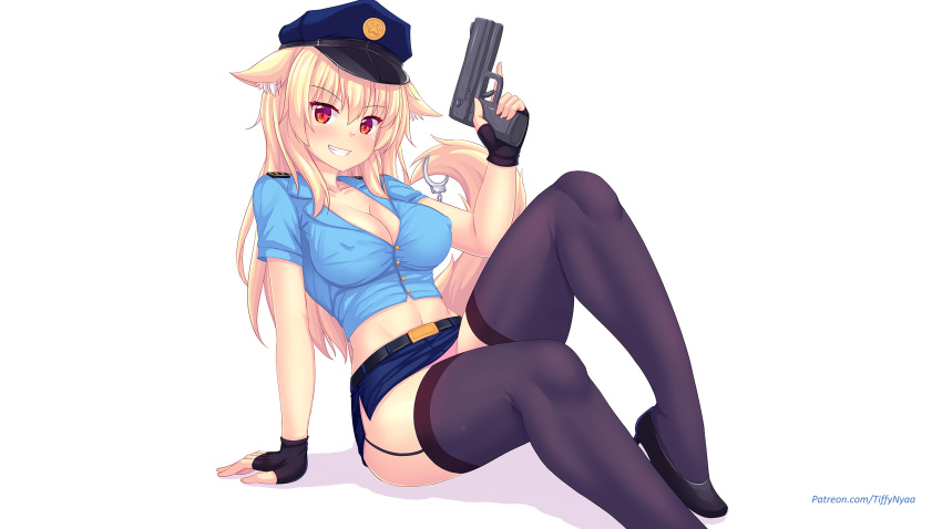 animal_ears blonde_hair breasts cleavage erect_nipples fast-runner-2024 garter gloves hat long_hair orange_eyes original panties police_uniform tail thighhighs tiffy underwear upskirt watermark weapon white