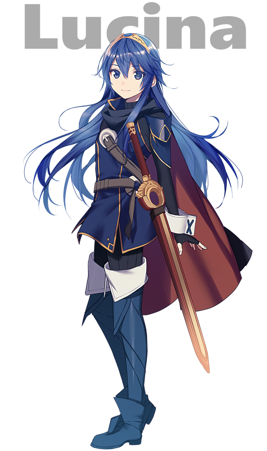 1girl arms_at_sides belt belt_buckle black_cape blue_eyes blue_hair boots buckle cape closed_mouth falchion_(fire_emblem) fingerless_gloves fire_emblem fire_emblem_awakening full_body gloves hair_ornament highres long_hair long_sleeves looking_at_viewer lucina_(fire_emblem) ribbed_sweater ryon_(ryonhei) smile sweater sword symbol_in_eye thigh_boots thighhighs tiara turtleneck very_long_hair weapon white_background wrist_cuffs