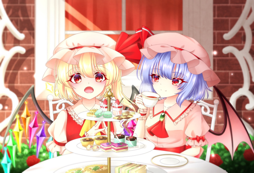 2girls bat_wings blonde_hair blouse blue_hair blurry blurry_background brick_wall brooch cake chair checkerboard_cookie commentary_request cookie cravat cup cupcake curtains day eyebrows_visible_through_hair fangs flandre_scarlet food frilled_shirt_collar frills hair_between_eyes hat hat_ribbon highres holding holding_cup jewelry light_particles looking_at_another looking_at_viewer macaron mob_cap multiple_girls one_side_up open_mouth outdoors parfait partial_commentary pink_blouse pink_headwear puffy_short_sleeves puffy_sleeves quiche red_eyes red_vest remilia_scarlet ribbon rina_sukareltuto sandwich sash saucer shirt short_hair short_sleeves siblings sisters sitting slice_of_cake smile steepled_fingers table teacup tiered_tray touhou vest white_headwear white_shirt window wings yellow_neckwear