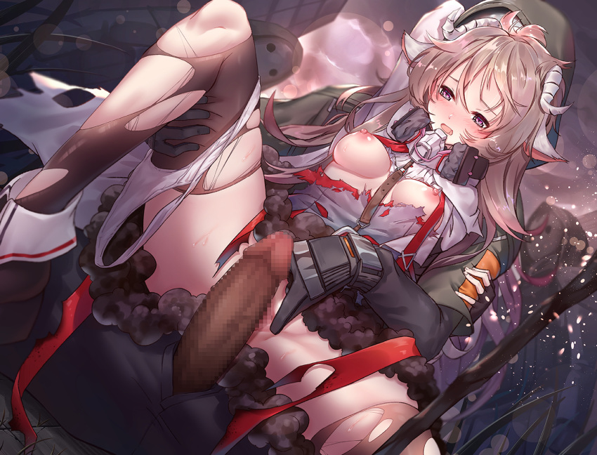 1girl arknights breasts brown_hair censored eyjafjalla_(arknights) horns imminent_rape imminent_sex multiple_boys nipples outdoors panties panties_around_one_leg penis pussy respirator reunion_soldier_(arknights) sheep_horns spread_legs ten_no_hoshi torn_clothes torn_legwear underwear white_panties