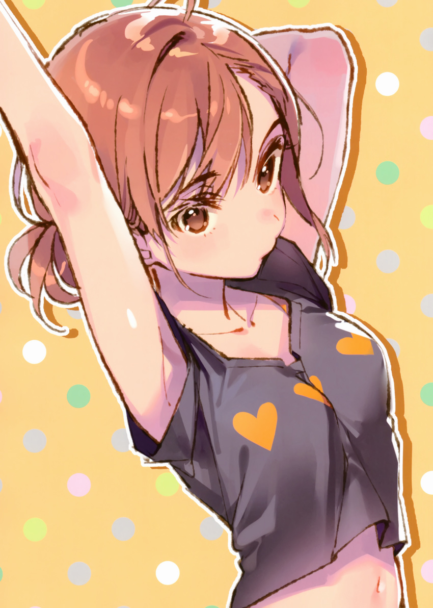 1girl absurdres ahoge arm_up armpits arms_behind_head arms_up bangs bare_arms black_shirt bra bra_strap breasts brown_eyes brown_hair closed_mouth collarbone dsmile eyebrows_visible_through_hair heart heart_print highres medium_hair midriff misaka_mikoto navel shirt small_breasts solo stomach to_aru_kagaku_no_railgun to_aru_majutsu_no_index underwear