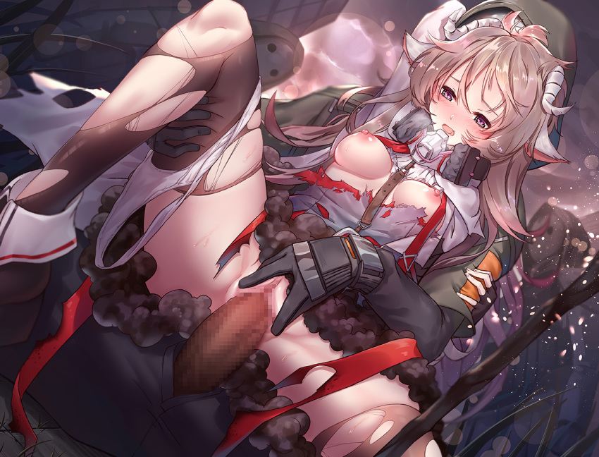 1girl arknights breasts brown_hair censored eyjafjalla_(arknights) horns multiple_boys nipples outdoors panties panties_around_one_leg pussy rape respirator reunion_soldier_(arknights) reverse_cowgirl_position sex sheep_horns spread_legs straddling ten_no_hoshi torn_clothes torn_legwear underwear vaginal white_panties