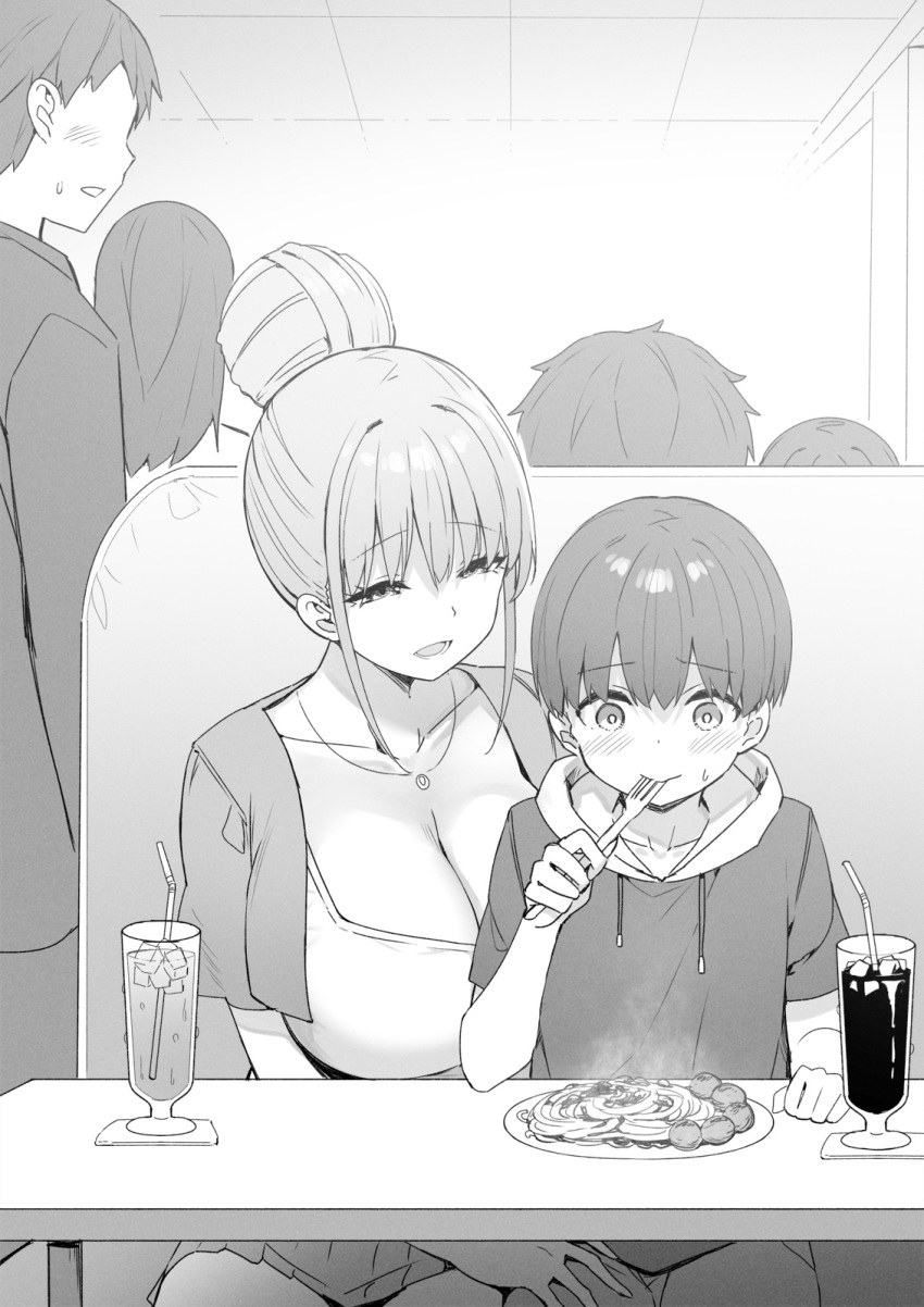 3boys 3girls age_difference blush breasts chair closed_mouth collarbone condensation cup drinking_straw eating eyebrows_visible_through_hair flirting food fork greyscale hair_bun hair_bun_onee-san_(sky_(freedom)) hand_on_another's_thigh highres holding holding_fork hood hoodie ice ice_cube indoors large_breasts long_hair looking_at_another looking_back meatball monochrome multiple_boys multiple_girls napkin open_mouth original pasta plate restaurant sitting skirt sky_(freedom) soda spaghetti standing steam sweat table teeth