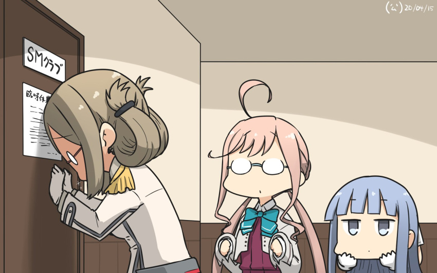 3girls ahoge bangs blazer blue_hair blunt_bangs braid brown_hair collared_shirt commentary_request crown_braid dated disembodied_head door epaulettes folded_ponytail glasses gloves halterneck hamu_koutarou hatsukaze_(kantai_collection) highres jacket kantai_collection katori_(kantai_collection) long_hair long_sleeves makigumo_(kantai_collection) military military_uniform multiple_girls parted_bangs pink_hair remodel_(kantai_collection) shirt translation_request twintails uniform white_gloves white_shirt