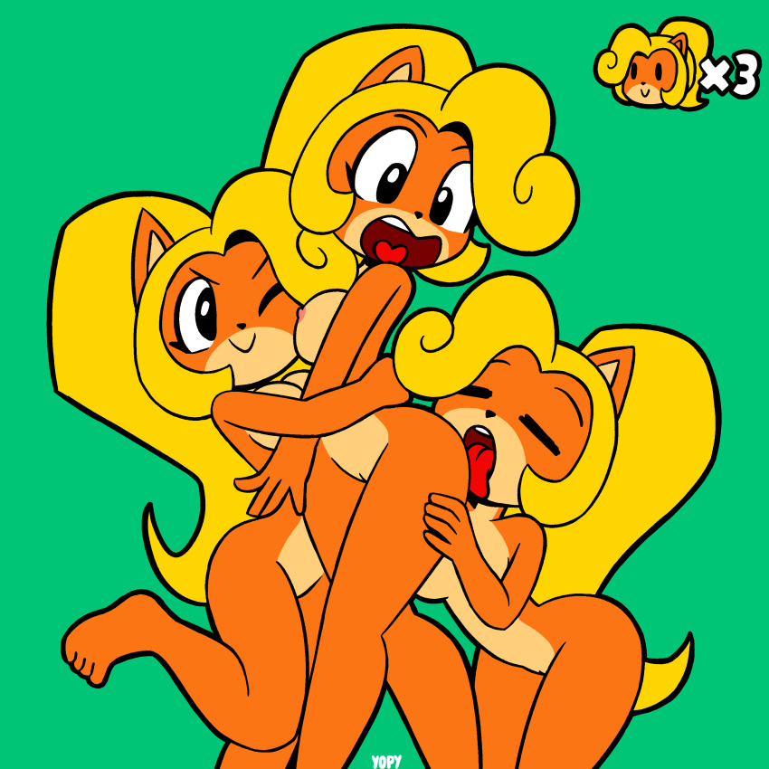 2020 absurd_res activision anthro blonde_hair breasts butt coco_bandicoot crash_bandicoot_(series) female female/female genitals group hair hi_res hug licking long_hair mammal marsupial nipples open_mouth pussy selfcest signature smile square_crossover tongue tongue_out video_games yopy