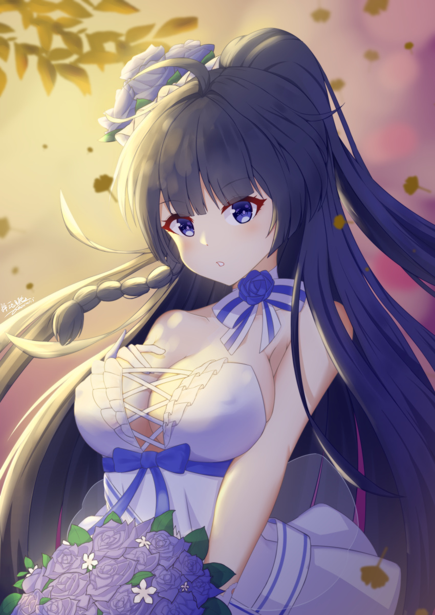 1girl :o absurdres ahoge bangs bare_shoulders black_hair blue_eyes blue_flower blue_ribbon blue_rose blunt_bangs blush bouquet braid breasts chinese_commentary cleavage collarbone commentary_request diaoyidimaomao dress eyebrows_visible_through_hair flower frilled_dress frills hair_flower hair_ornament hand_on_own_chest highres holding holding_bouquet honkai_(series) honkai_impact_3rd large_breasts long_hair one_side_up parted_lips raiden_mei ribbon rose side_braid signature solo straight_hair strapless strapless_dress very_long_hair white_dress