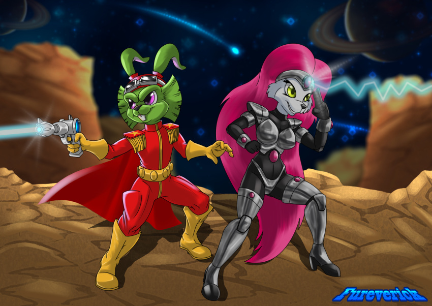 anthro beam_(structure) bucky_o'hare bucky_o'hare_(series) clothing duo female footwear fureverick gun hi_res high_heels jenny_(bucky_o'hare) male male/female planet ranged_weapon rock shoes space wallpaper weapon