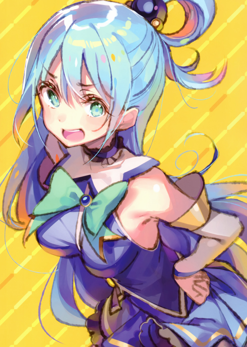 1girl absurdres aqua_(konosuba) aqua_bow aqua_neckwear blue_dress blue_eyes blue_hair bow bowtie breasts detached_sleeves dress dsmile hair_rings highres kono_subarashii_sekai_ni_shukufuku_wo! long_hair long_sleeves looking_at_viewer medium_breasts open_mouth solo white_sleeves