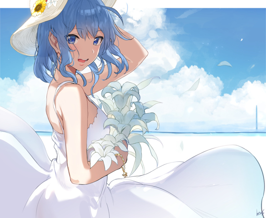 blue_eyes blue_hair clouds cropped dress hat hewsack hololive hoshimachi_suisei short_hair signed sky summer_dress wristwear