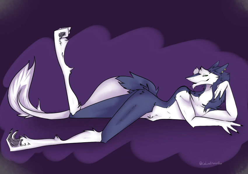 absurd_res ambiguous_gender anthro blue_body blue_fur calcatronisfoo_(artist) fur hi_res kinjagh long_legs lying on_side piercing raised_leg sergal slim smile smirk solo white_body white_fur