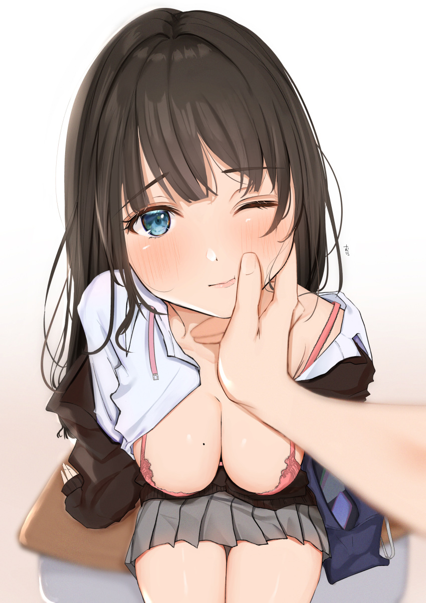 1girl absurdres bangs black_hair blue_eyes blush bra breasts cardigan caress cleavage closed_mouth commentary_request eyebrows_visible_through_hair from_above grey_skirt hand_on_another's_cheek hand_on_another's_face highres long_hair long_sleeves looking_at_viewer looking_up medium_breasts mole mole_on_breast one_eye_closed open_cardigan open_clothes open_shirt original pink_bra pleated_skirt pov pov_hands school_uniform shirt sitting skirt sleeves_past_wrists solo_focus uiri-na underwear white_shirt