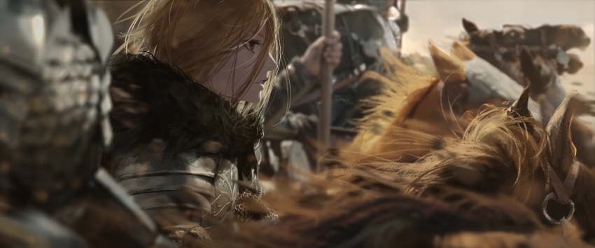 1girl absurdres armor blonde_hair brown_hair from_side highres horse horseback_riding looking_away messy_hair original out_of_frame profile riding solo_focus tacshojosora wind