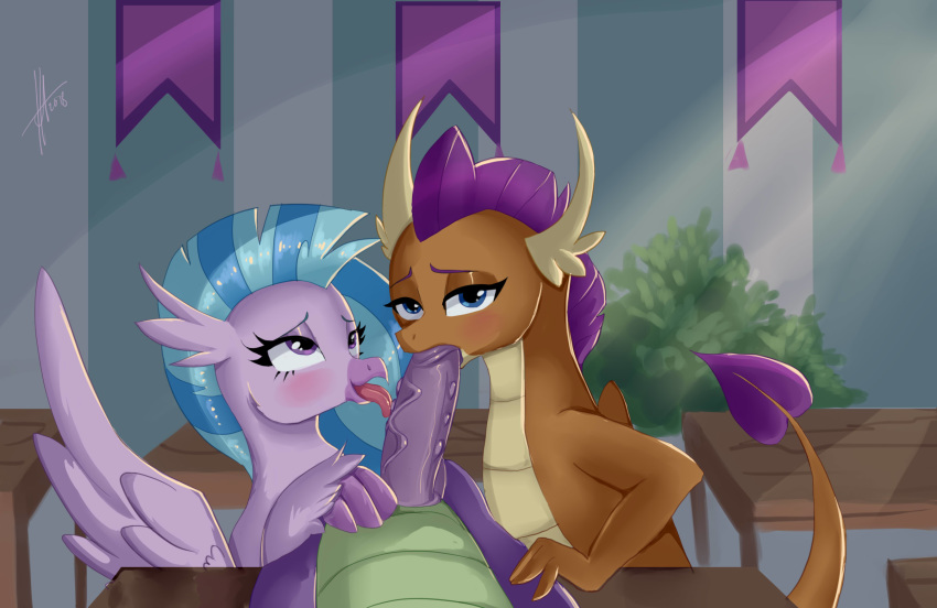 avian blush collaborative_fellatio dragon european_mythology fellatio friendship_is_magic furniture genitals greek_mythology group hi_res hippogriff my_little_pony mythological_avian mythology oral penile penis sex smolder_(mlp) spike_(mlp) table xjenn9