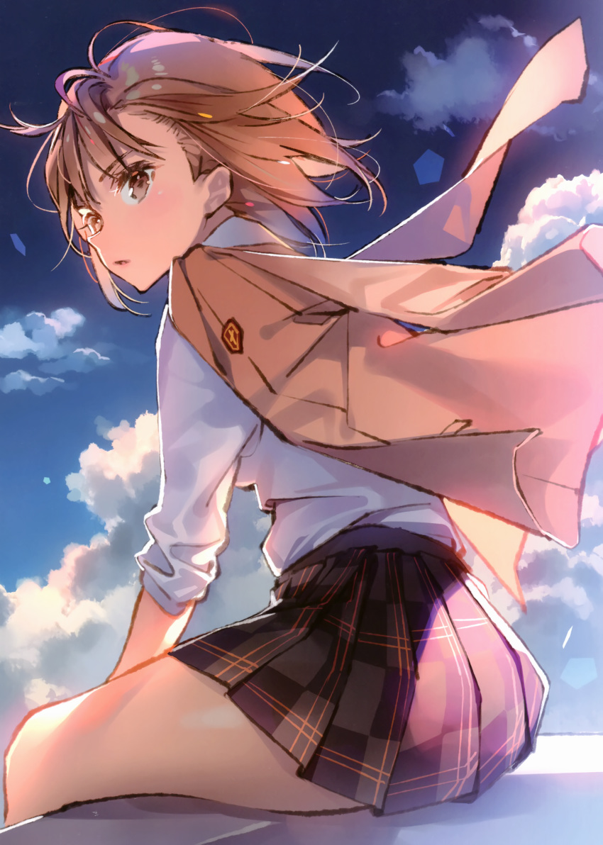 1girl absurdres bangs brown_coat brown_eyes brown_hair cloud cloudy_sky coat dsmile eyebrows_visible_through_hair hair_between_eyes highres long_sleeves looking_to_the_side misaka_mikoto open_mouth overcoat plaid plaid_skirt pleated_skirt sitting skirt sky solo to_aru_kagaku_no_railgun to_aru_majutsu_no_index wind