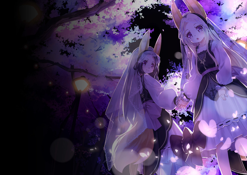 54hao animal_ears bangs black_bow black_dress black_hair blonde_hair bow commentary_request dress forehead hair_ornament highres holding_hands kemonomimi_mode lamppost latin_cross long_hair long_sleeves original parted_bangs puffy_long_sleeves puffy_sleeves purple_eyes see-through shirt siblings sisters skirt sleeveless sleeveless_dress sleeves_past_wrists standing tail tree twins veil very_long_hair white_shirt white_skirt x_hair_ornament