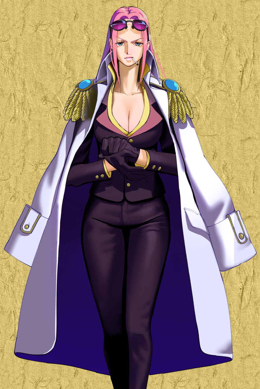 1girl absurdres adjusting_clothes adjusting_gloves bangs black_gloves black_jacket black_pants breasts buttons cigarette cleavage closed_mouth coat collar collarbone collared_coat collared_jacket epaulettes eyewear_on_head formal gloves high_collar highres hina_(hinamatsuri) jacket jacket_on_shoulders large_breasts long_hair long_sleeves looking_at_viewer moruga one_piece pants parted_bangs pink_hair sleeve_cuffs smoking solo standing suit sunglasses white_coat
