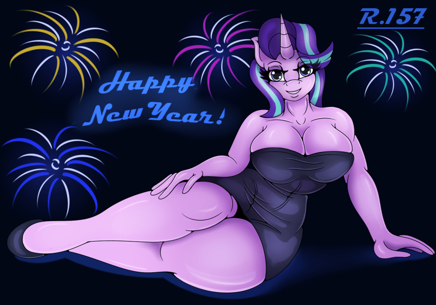 anthro big_breasts breasts cleavage clothed clothing dress equid female fireworks friendship_is_magic hi_res holidays horn lying mammal my_little_pony new_year on_side renegade-157 solo starlight_glimmer_(mlp) text unicorn wide_hips