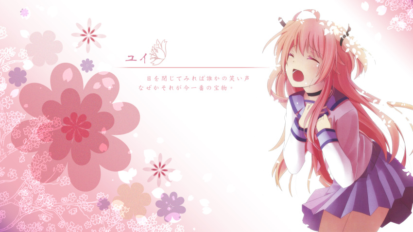 angel_beats! crying eyes_closed japanese_text long_hair na-ga open_mouth pink pink_hair school_uniform tears wallpaper yui_(angel_beats!)