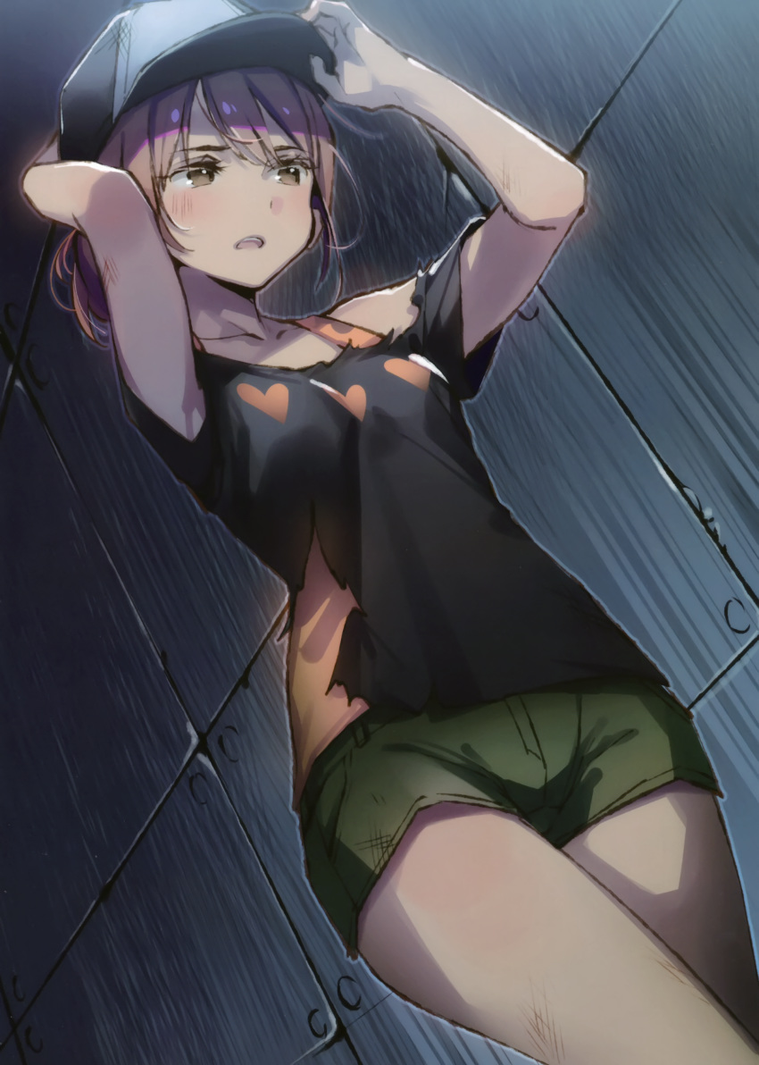 1girl absurdres adjusting_clothes adjusting_hat armpits arms_behind_head arms_up bare_arms breasts brown_eyes brown_hair dsmile eyebrows_visible_through_hair from_below green_shorts hat heart heart_print highres medium_hair misaka_mikoto shirt short_shorts shorts small_breasts solo to_aru_kagaku_no_railgun to_aru_majutsu_no_index