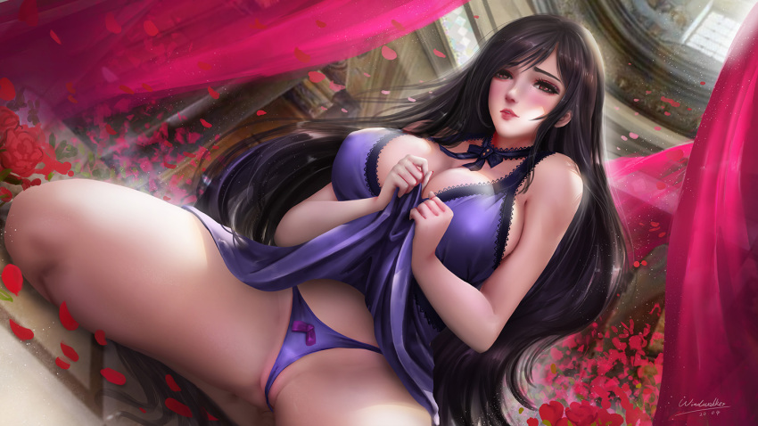 1girl between_labia black_hair bow bow_panties breasts brown_eyes cleavage covered_nipples curtains dress dress_lift final_fantasy final_fantasy_vii final_fantasy_vii_remake kaze_no_gyouja knees_apart_feet_together long_hair looking_at_viewer panties parted_lips petals purple_dress purple_panties rose_petals solo squatting tifa_lockhart underwear